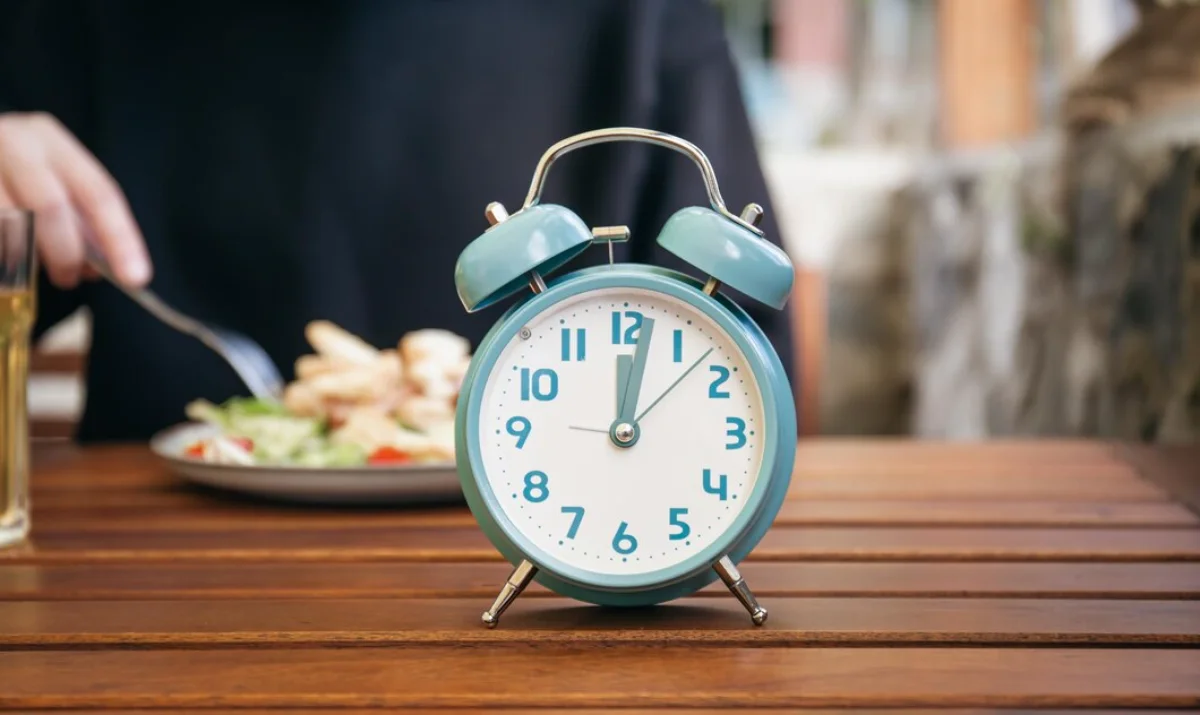 A vintage-style teal alarm clock showing the time on a wooden table, with a partially visible person eating a meal 