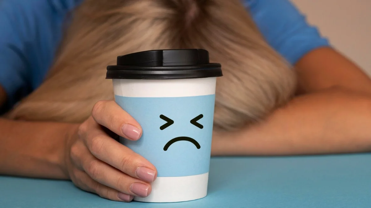 A person resting their head on a table while holding a coffee cup with a sad face emoji
