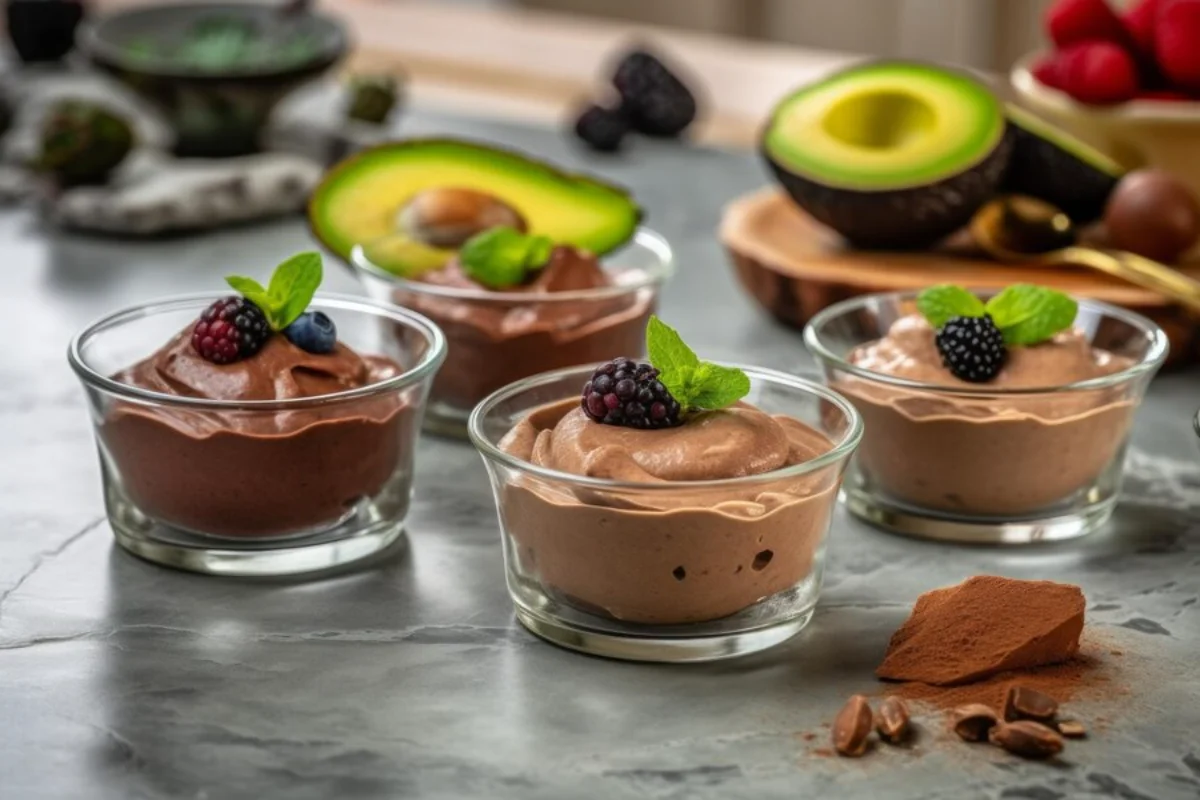 Several small glass bowls of chocolate mousse garnished with fresh berries and mint leaves,