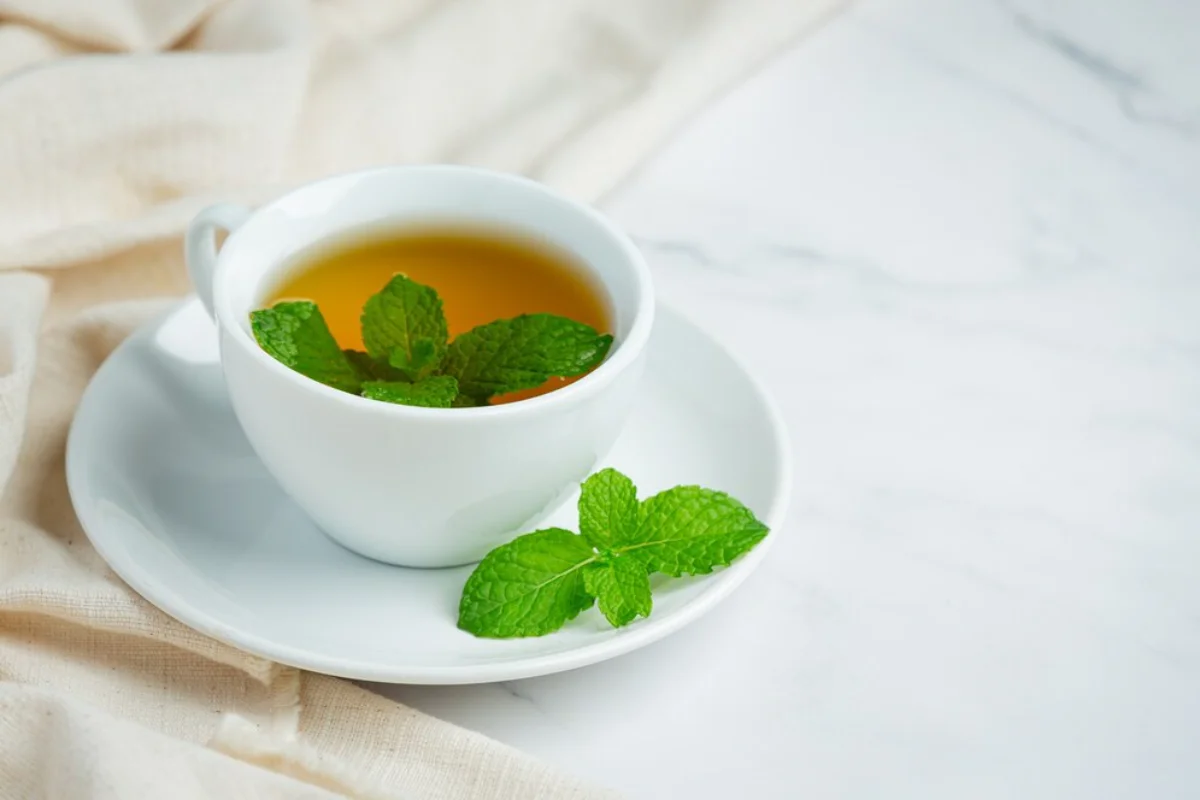 A cup of tea with fresh mint leaves