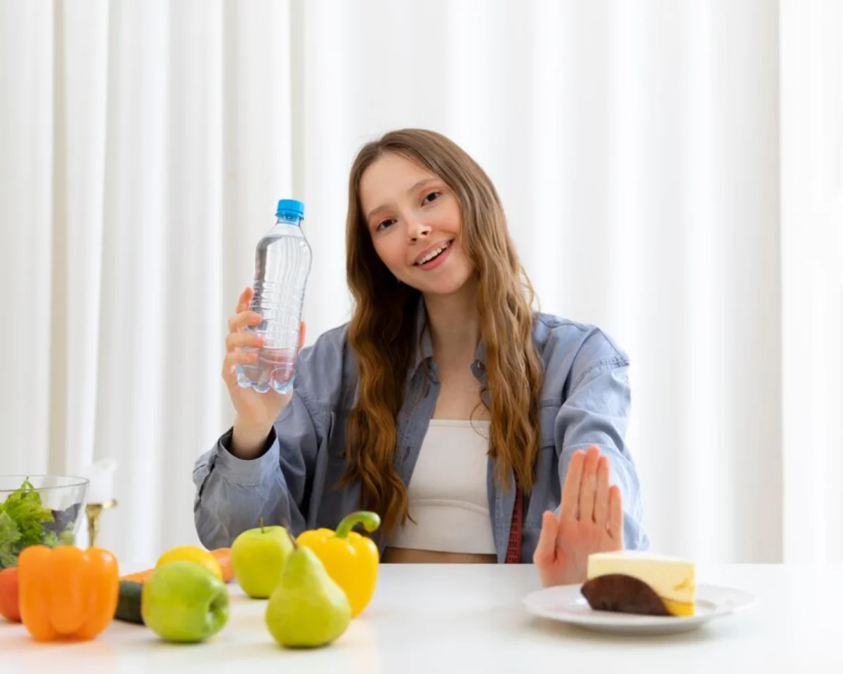 Young woman smiling and holding a water bottle, rejecting a slice of cake on the table in front of her, surrounded by fresh fruits