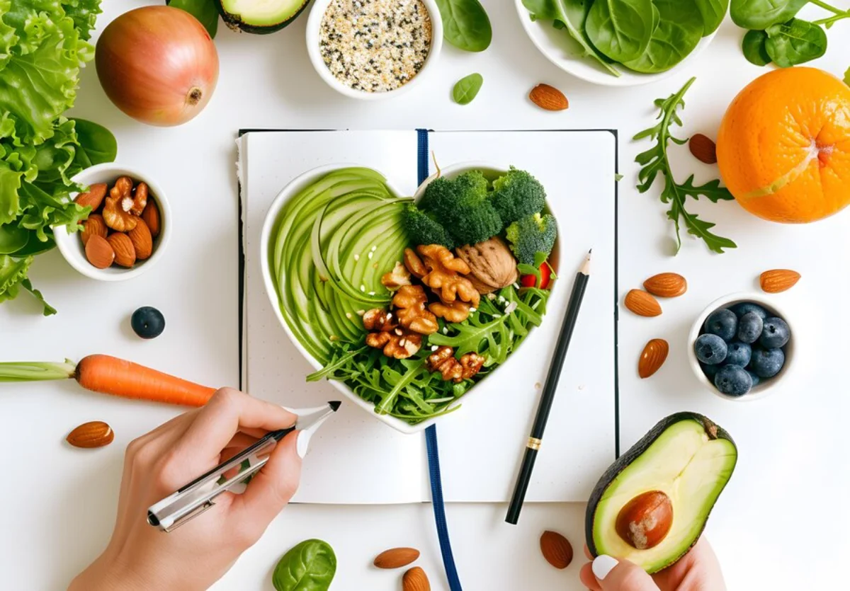 a heart-shaped plate filled with artistic arrangement of vegetables like avocado, broccoli, and nuts