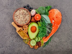 A nutritious array of foods arranged in a heart shape