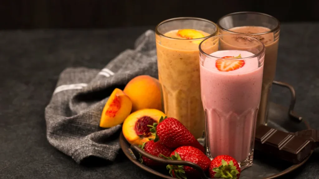 Three different fruit smoothies in tall glasses, garnished with slices of peach and strawberry