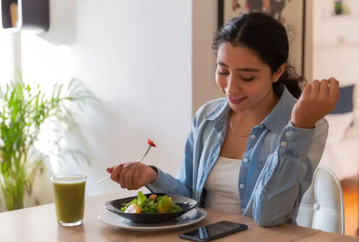 A young woman enjoys a healthy salad and green smoothie at a well-lit dining table, smiling as she eats.