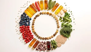 An overhead shot of various fresh fruits, vegetables, and vials of oils artistically arranged in a circular pattern