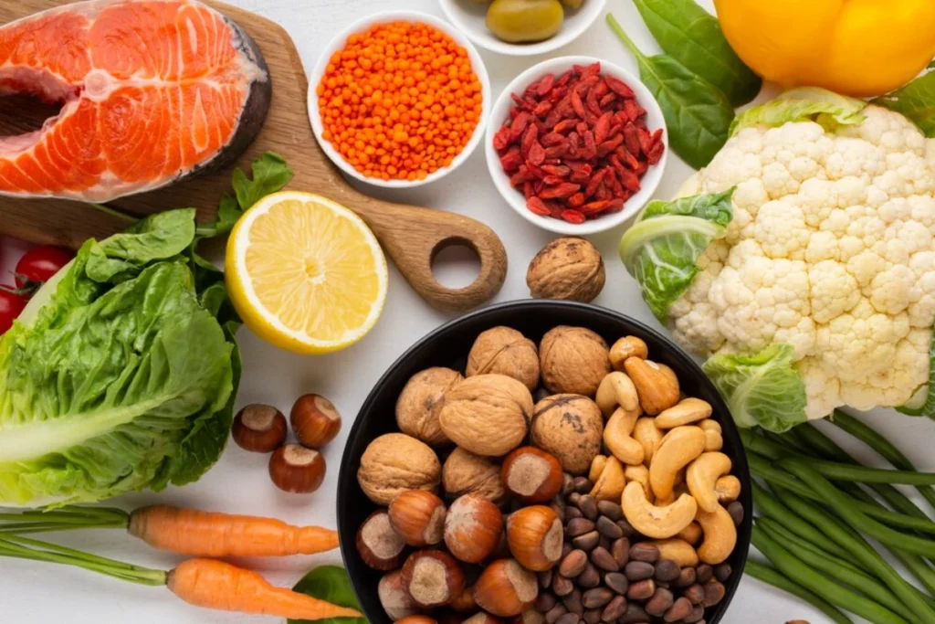 A variety of healthy foods arranged on a white surface, including a salmon fillet, lentils, goji berries, mixed nuts, green vegetables, and fresh fruits.